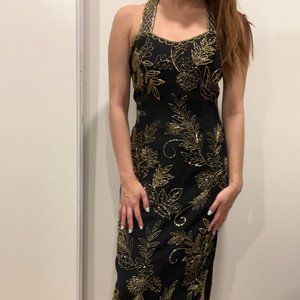 Black Tie Oleg Cassini Gold Embellishment Design Maxi Dress